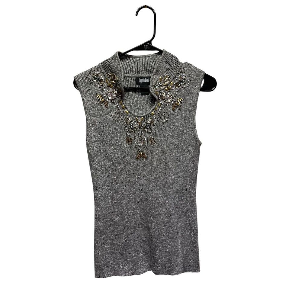 Objects D'Art Women's L Metallic Gray Beaded Keyhole Sweater Tank Top